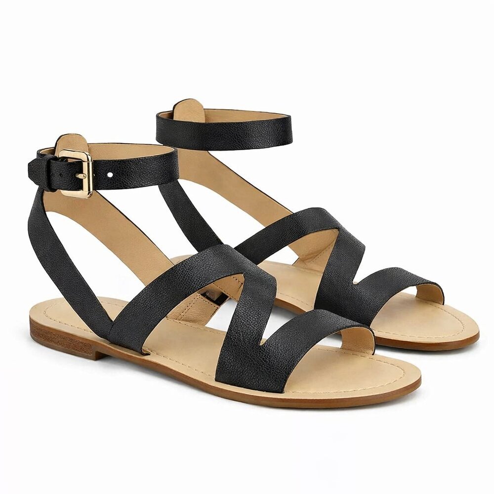 Marc Fisher Florette Leather Flat Sandals Black Women’s 10M